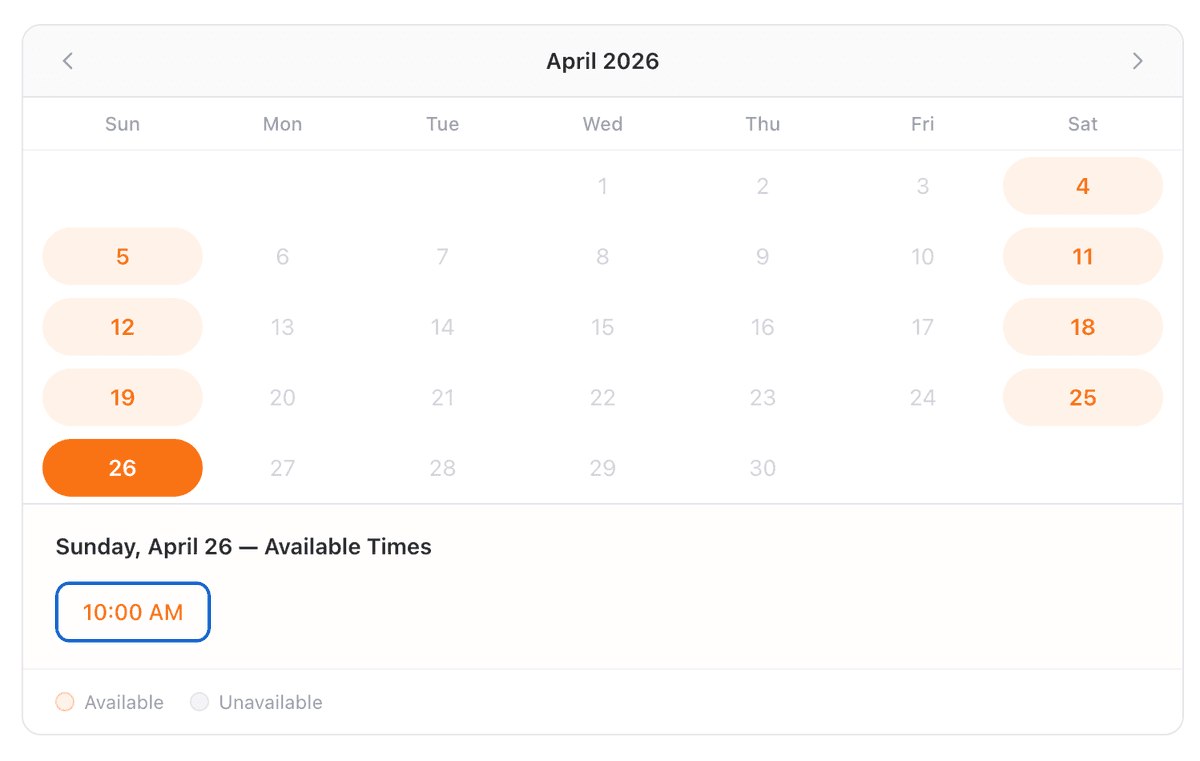 Real-time availability calendar showing open party dates