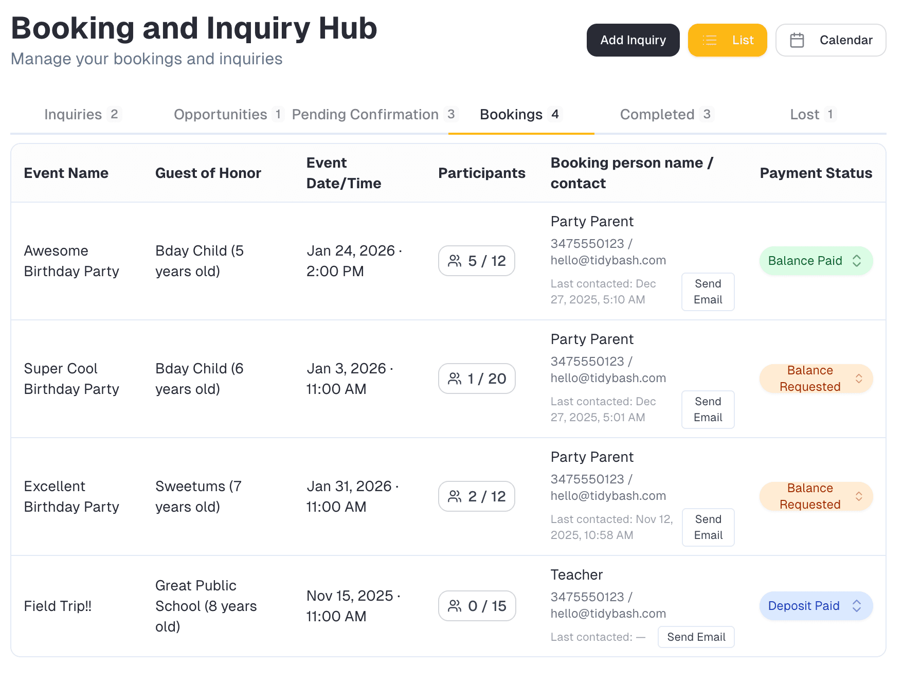 Booking and Inquiry Hub showing list and calendar views