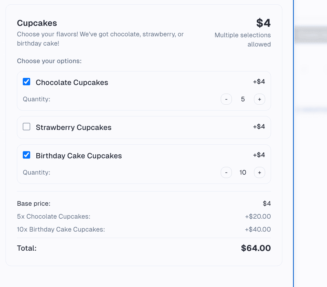 Cupcake add-on configuration showing quantity, flavor, and pricing options