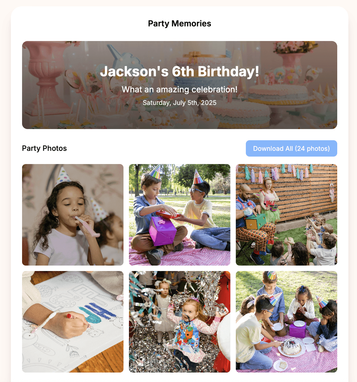 Party Memories page showing event hero banner and photo gallery