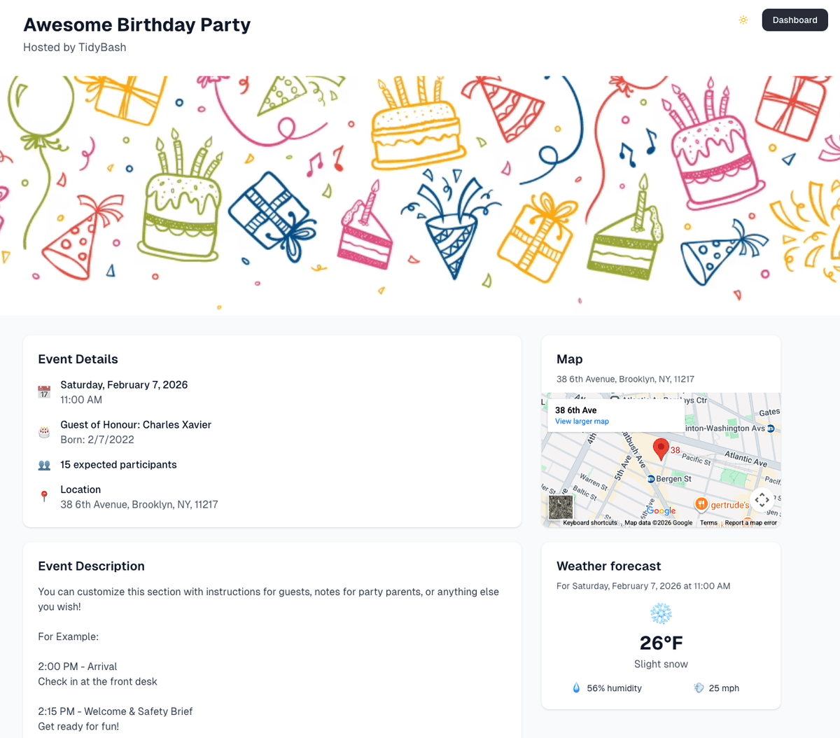 Party page with guest list and RSVP tracking