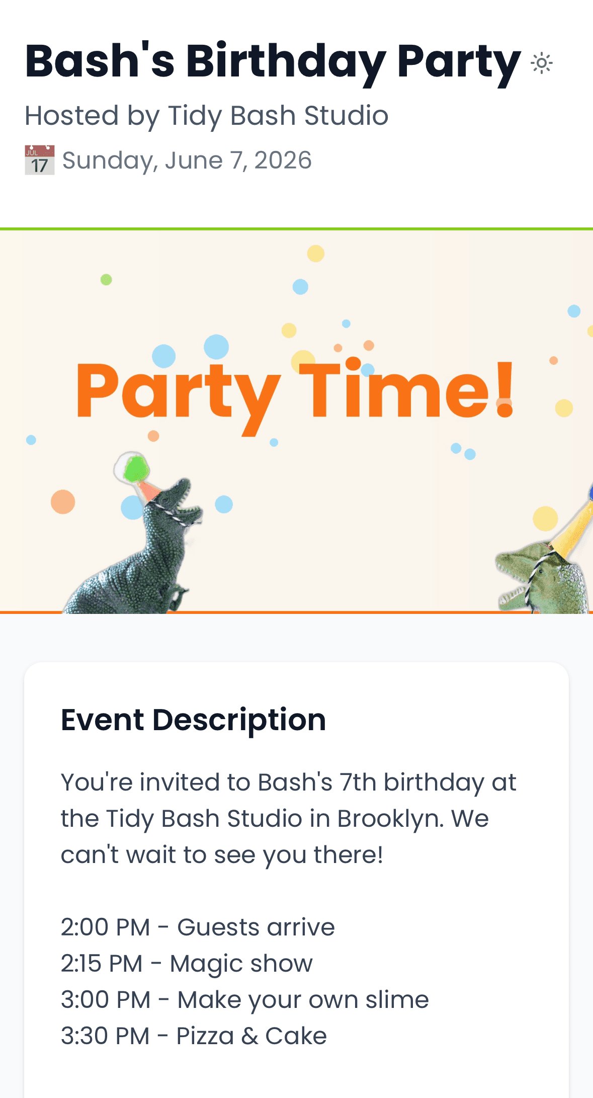 Parent-facing party page on mobile with event details and RSVP button