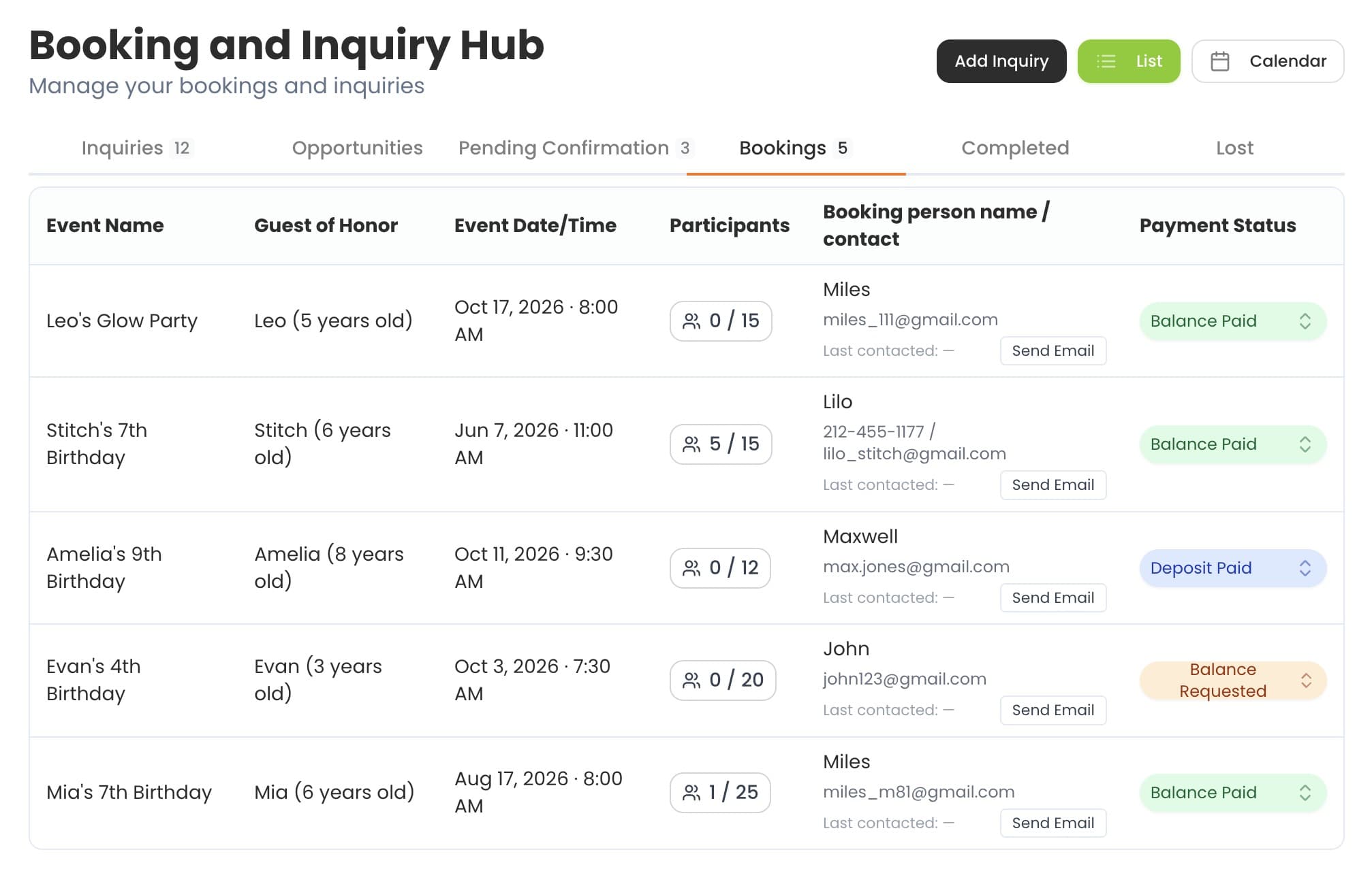 The Tidybash Booking and Inquiry Hub, listing every inquiry and booking in one place with its stage and status