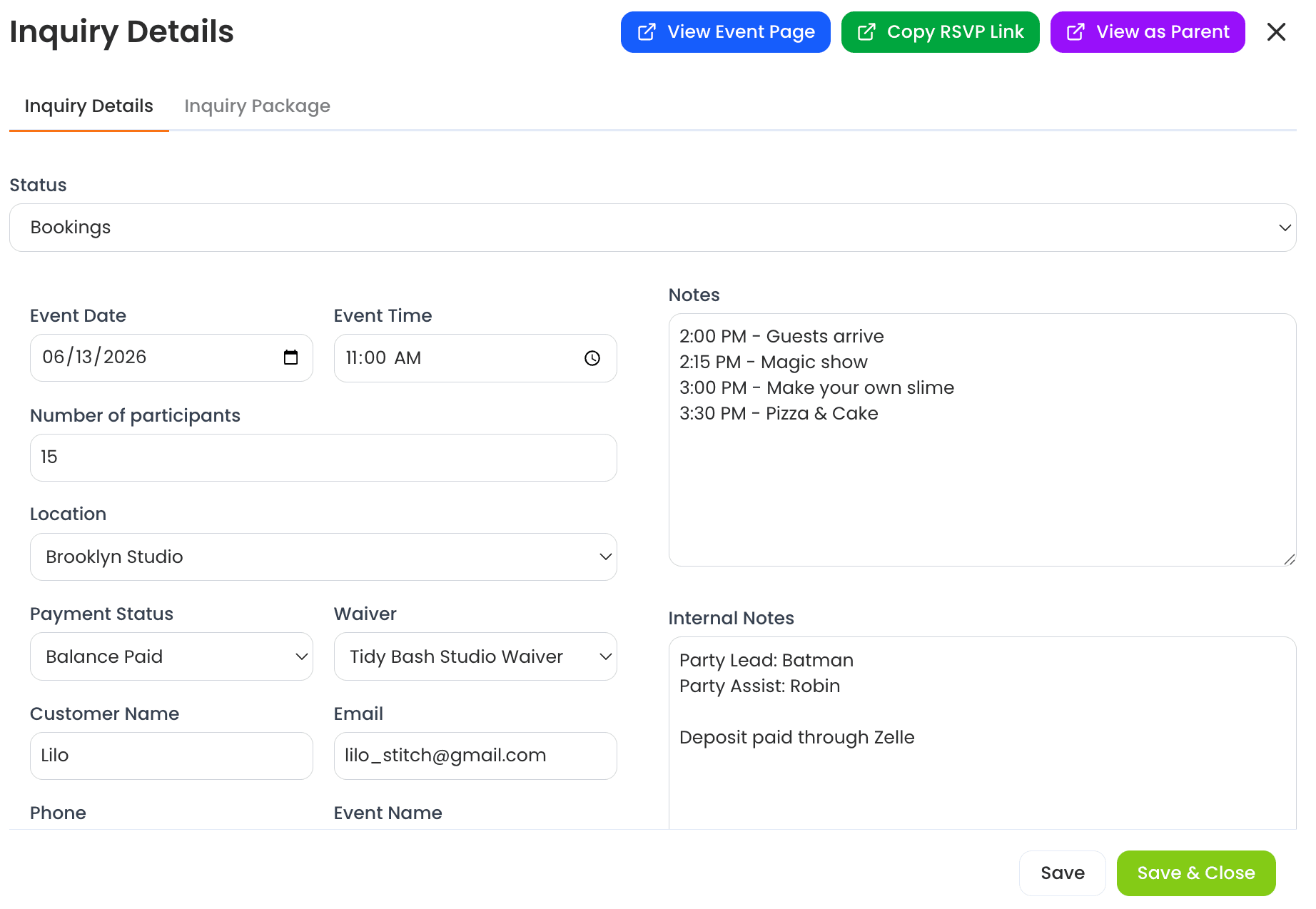 Inquiry Detail showing event summary, RSVP count, and waiver status