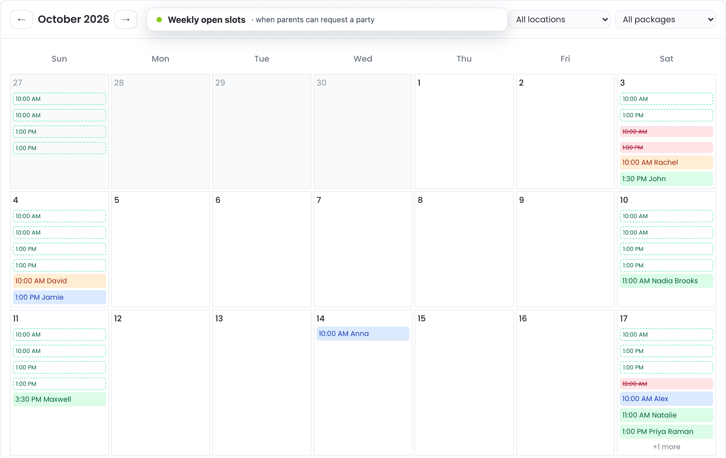 A month of the Tidybash party calendar, showing open slots alongside inquiries, pending confirmations and confirmed bookings, labelled with the app's own Weekly open slots heading