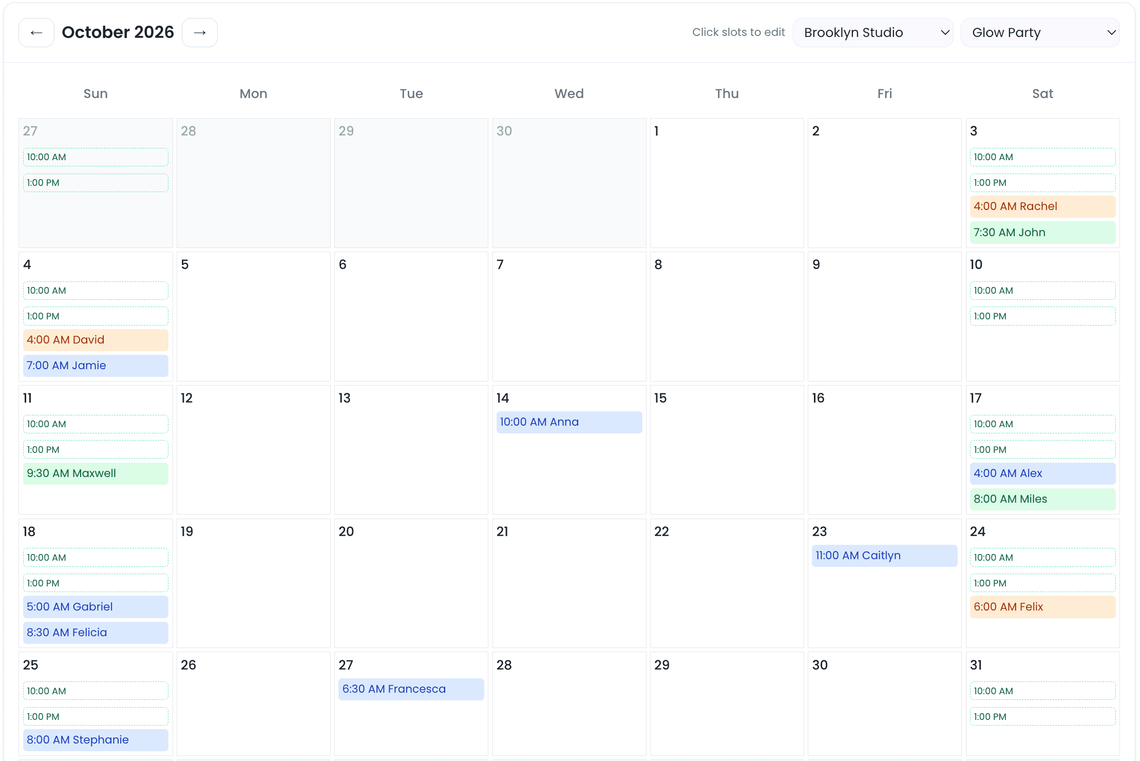 Editable availability calendar in Tidybash