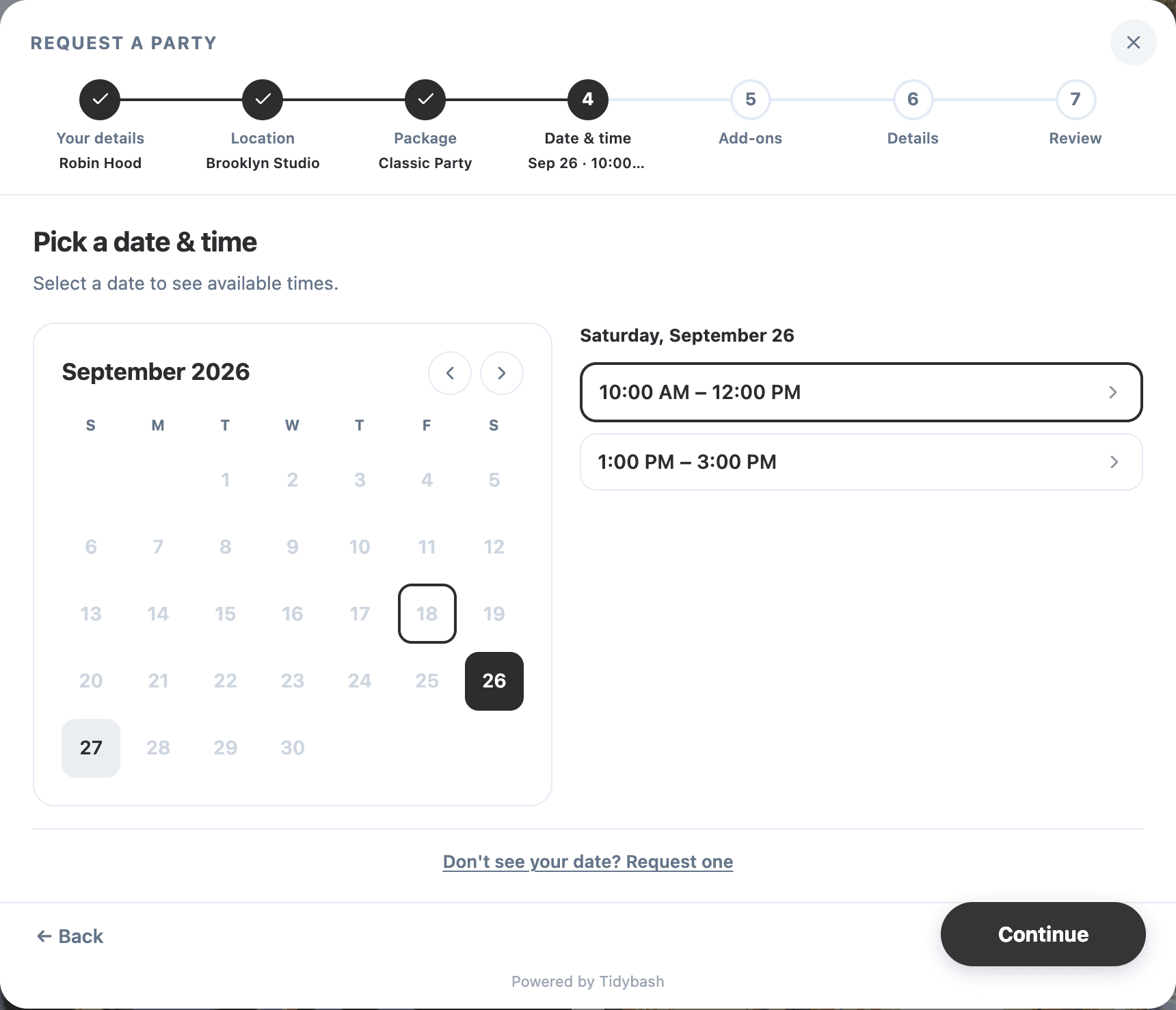 The date and time step of a Tidybash booking form, with only the provider's open dates selectable and two time slots offered for the chosen Saturday