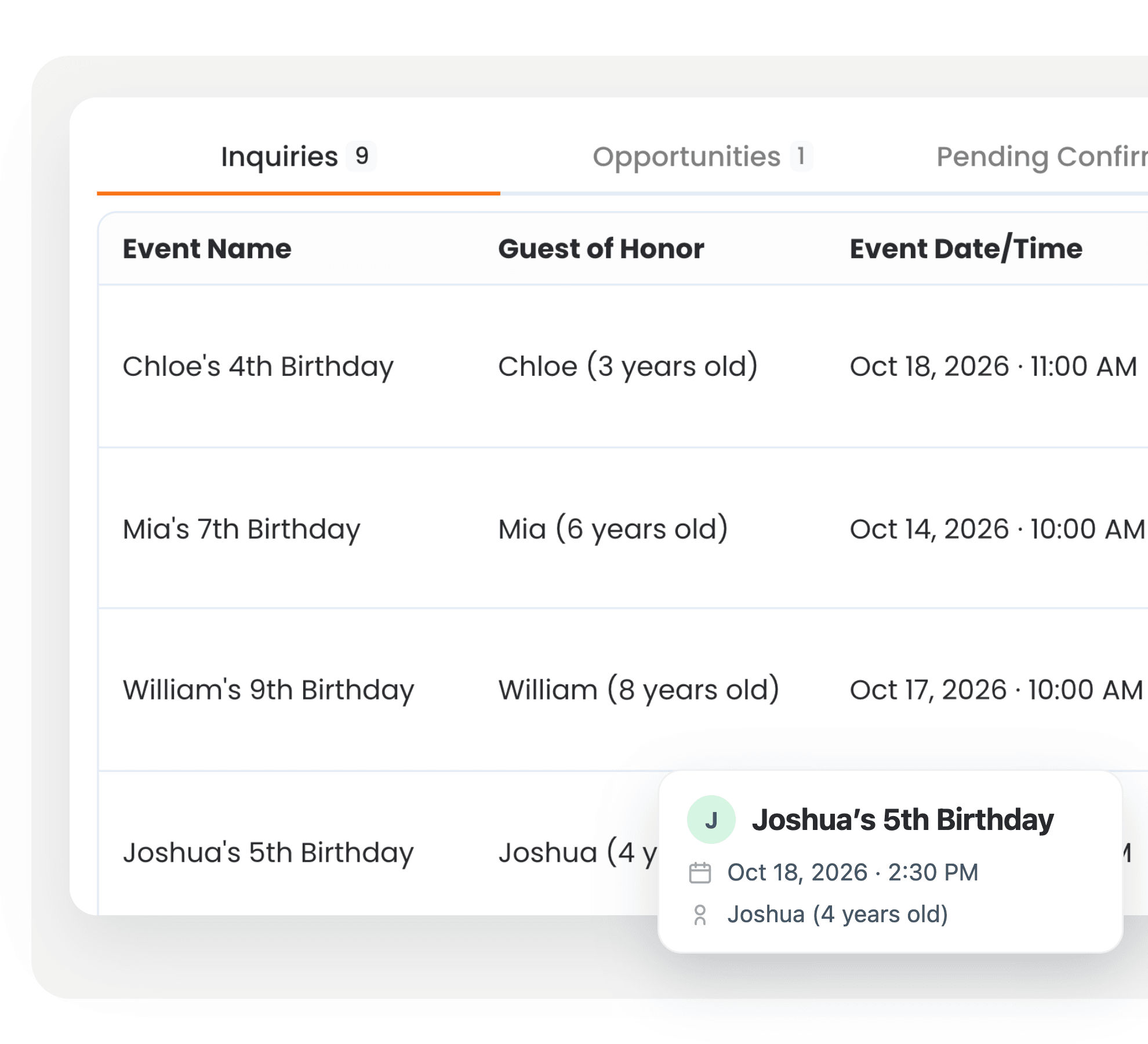 The Tidybash Booking and Inquiry Hub, showing inquiries with dates, alongside a detail card for Joshua's 5th Birthday