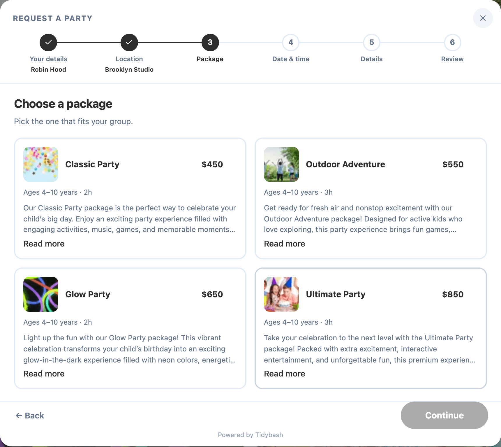 A parent choosing a party package on a Tidybash booking form, with their details and location already completed and shown in the step header