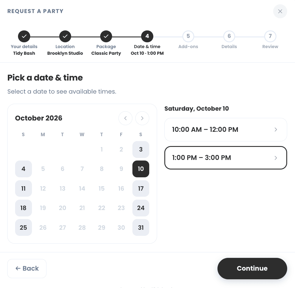 Tidybash Booking Wizard date and time step