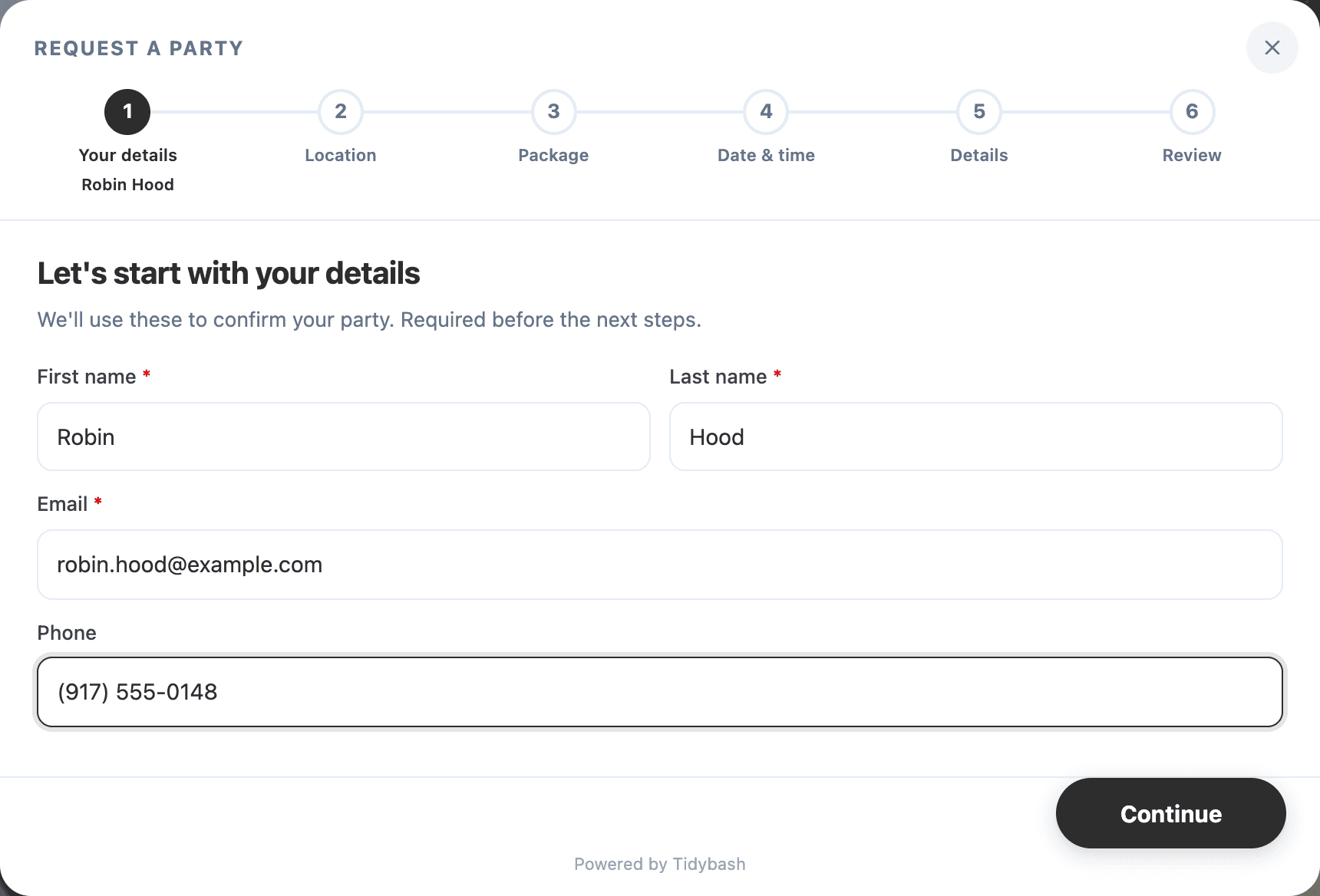 Step one of a Tidybash booking form asking only for name, email and phone, with five further steps still ahead in the progress rail