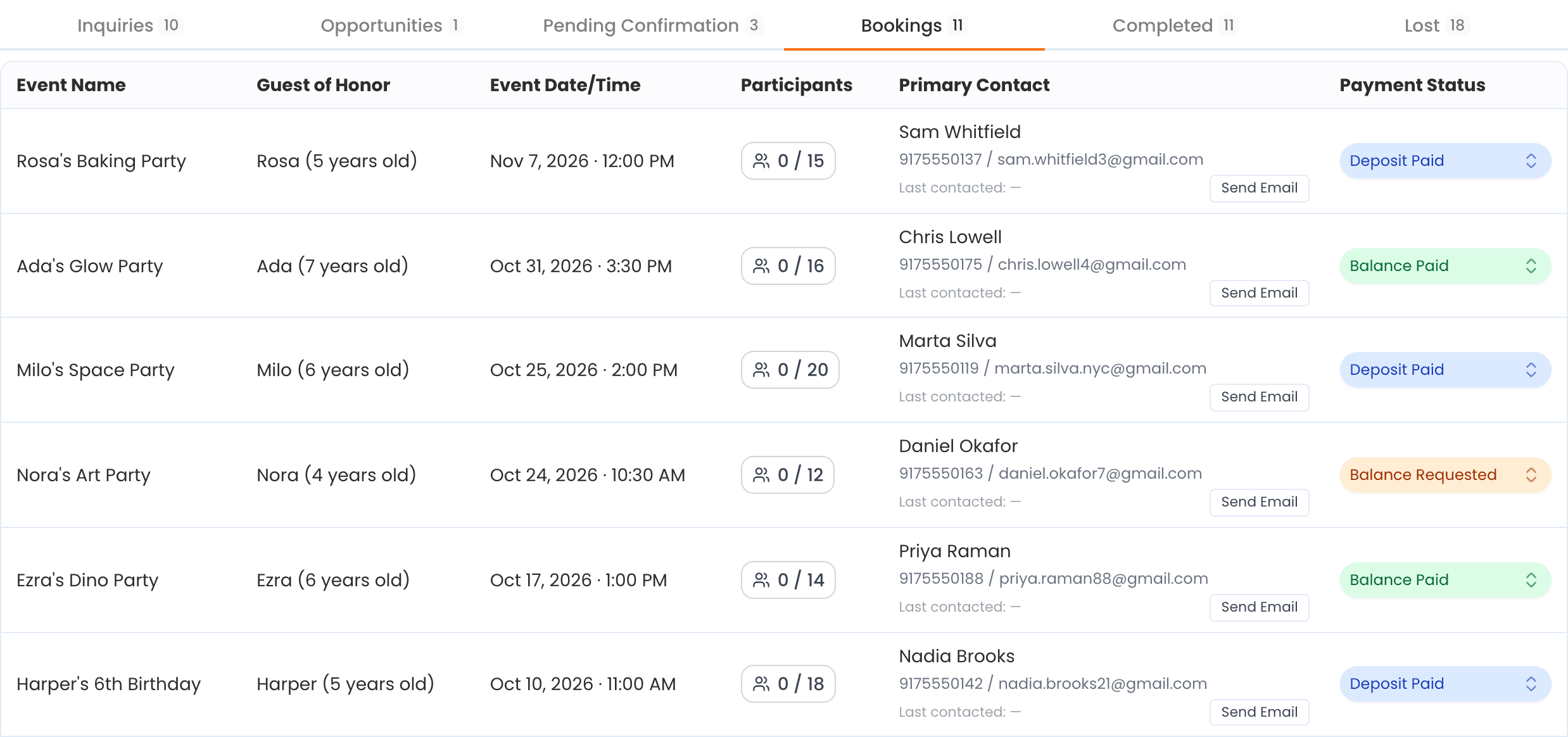 The Tidybash Booking and Inquiry Hub, listing six booked parties with their guests of honor, dates, contacts and payment status, grouped under stage tabs