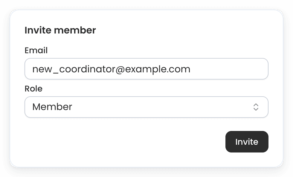 Inviting a team member to a Tidybash organization by email address, with the role set to Member