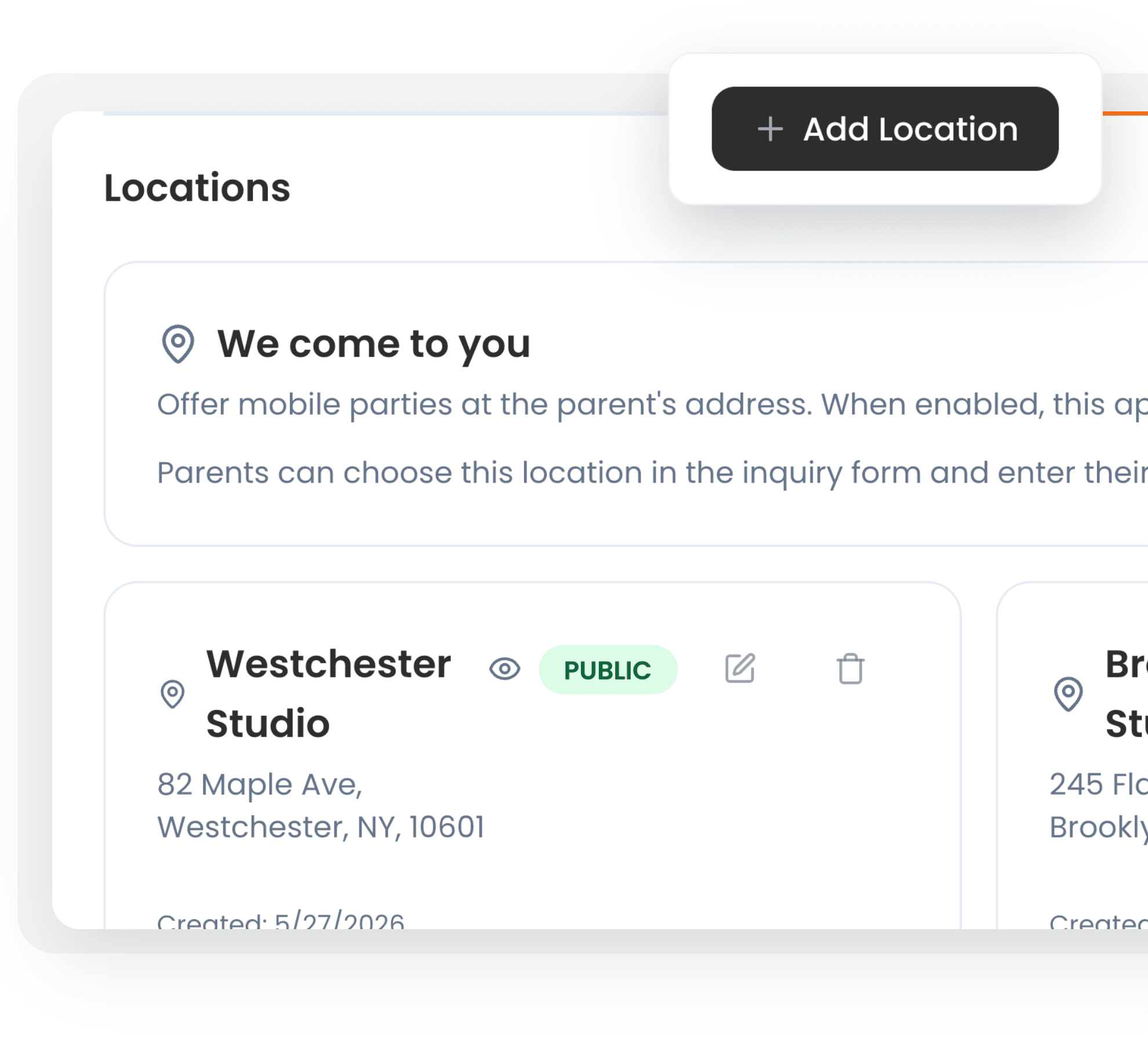 Tidybash locations for a party business: mobile parties, Westchester Studio and Brooklyn Studio, with an Add Location button