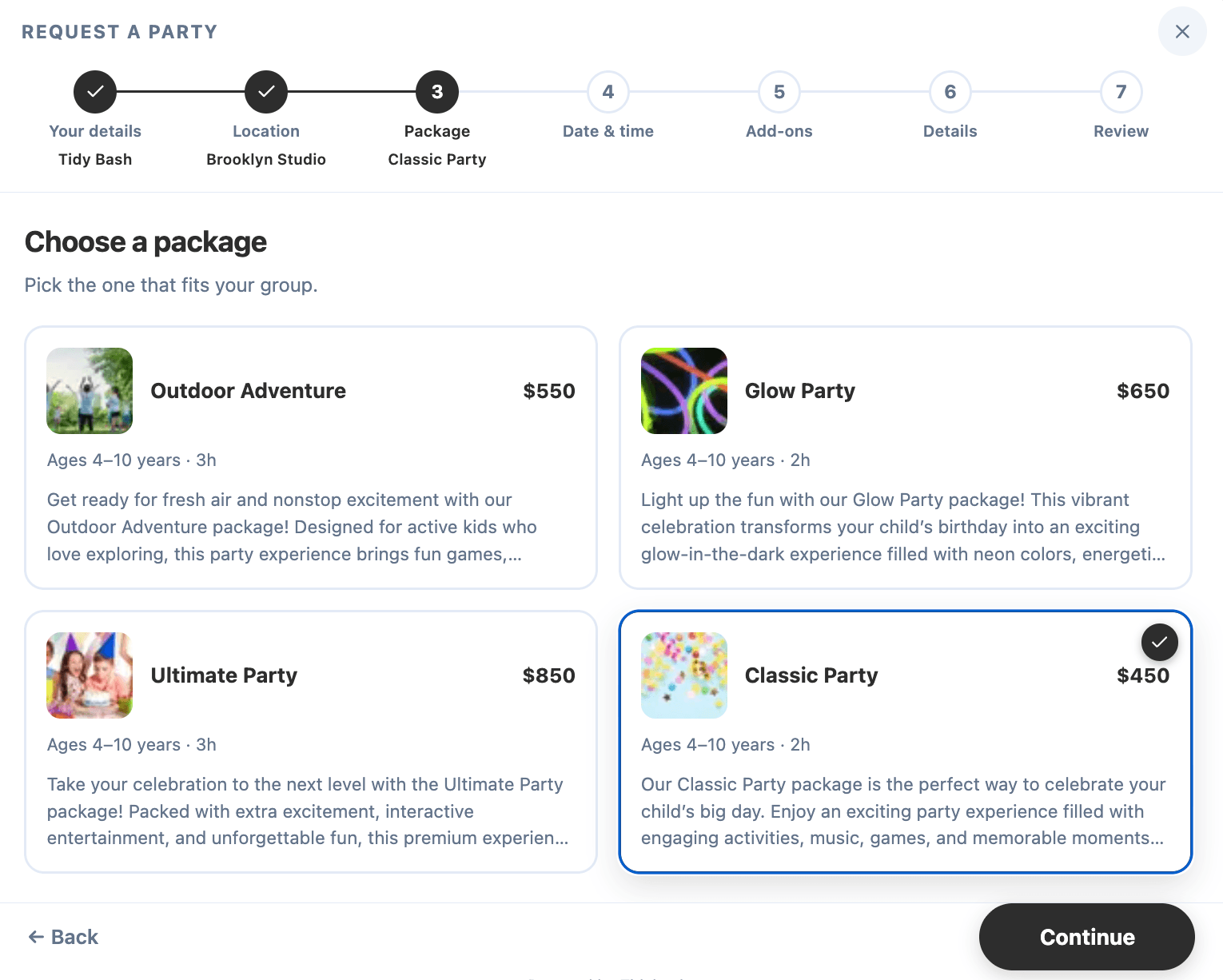 Choosing a package in the Tidybash Booking Wizard