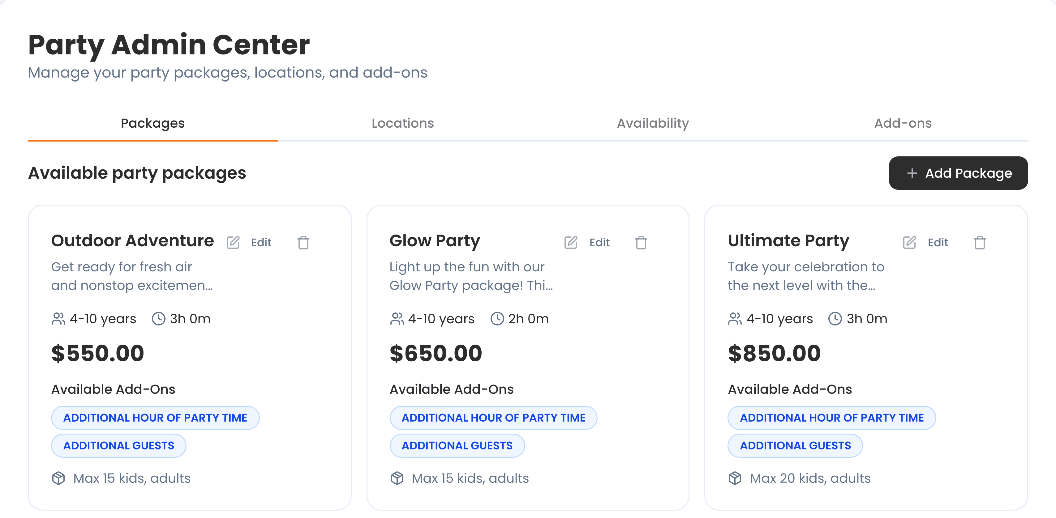 The Party Admin Center in Tidybash, on the Packages tab: Outdoor Adventure, Glow Party and Ultimate Party, each with its age range, duration, price, add-ons and maximum head count