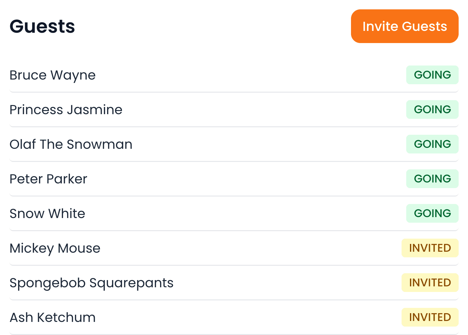 The Guests card on a Tidybash party page as the parent sees it: an Invite Guests button, and eight guests listed with their replies — five marked Going, three still Invited