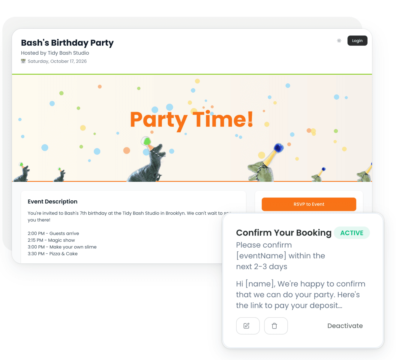 The party page Tidybash gives every booking: Bash's Birthday Party, hosted by Tidy Bash Studio on Saturday, October 17, with the party banner, an Event Description carrying the running order from 2:00 PM guests arrive to 3:30 PM pizza and cake, an RSVP to Event button and a map of the venue — with the Confirm Your Booking email template card overlapping its corner